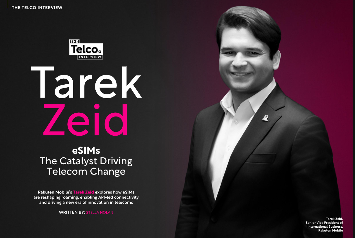 Tarek Zeid smiling in a suit, with text about eSIMs driving telecom change. Dark background with magenta accents.