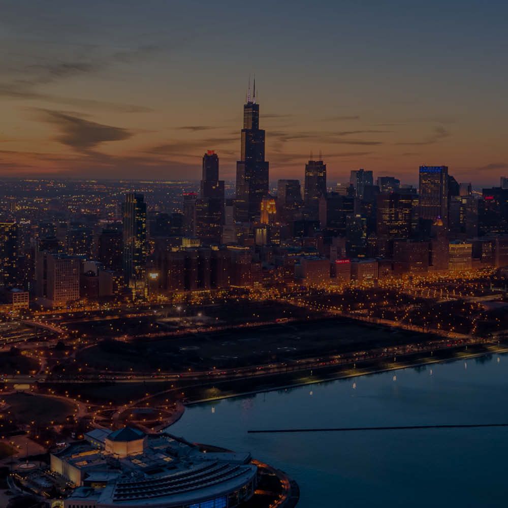 An aerial view of the city of chicago at night