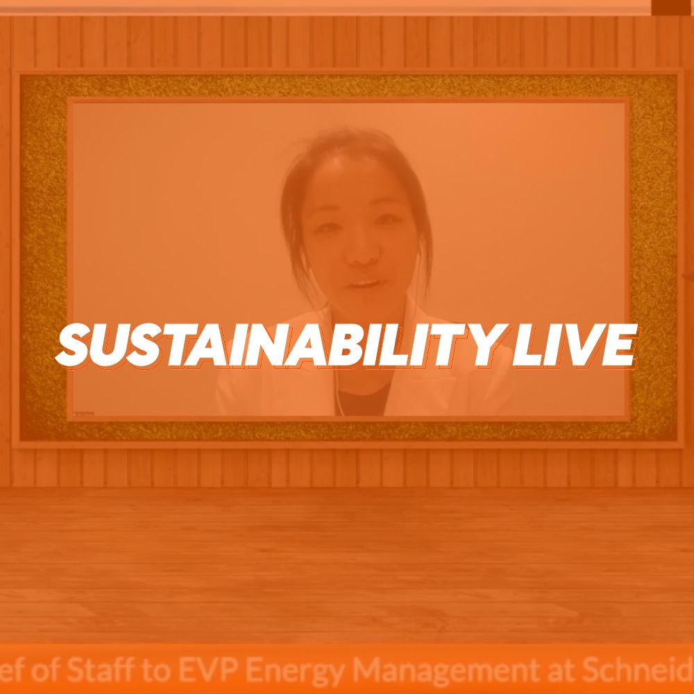An orange background with a picture of a woman and the words sustainability live