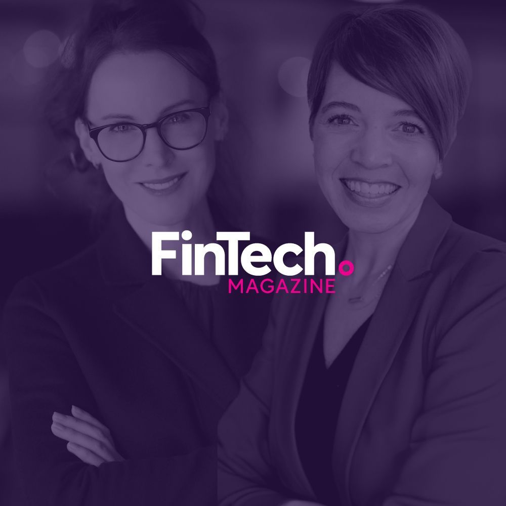 Two women are standing next to each other in front of a fintech magazine logo.
