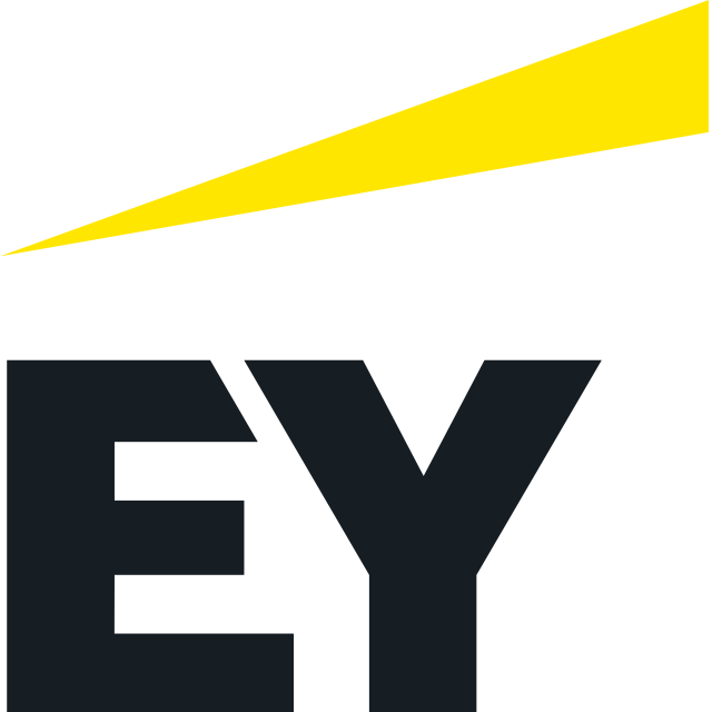 A black and yellow logo for ey with a yellow arrow