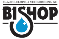 Logo for Bishop Plumbing, Heating & Air Conditioning: black text "Bishop" with a blue water droplet in a loop.