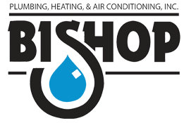 Logo for Bishop Plumbing, Heating & Air Conditioning: black text "Bishop" with a blue water droplet in a loop.