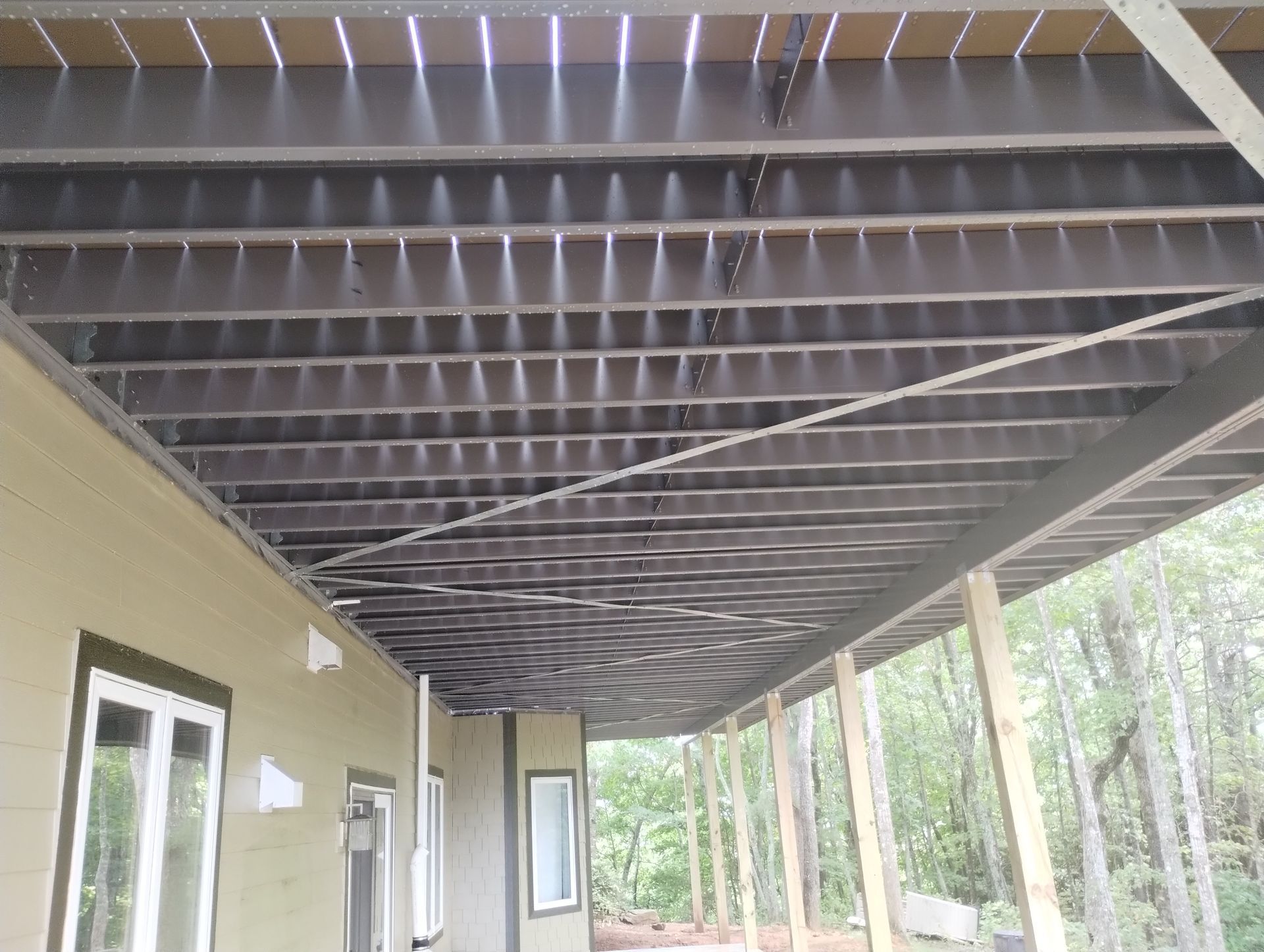 The ceiling of a house with a covered porch and trees in the background.