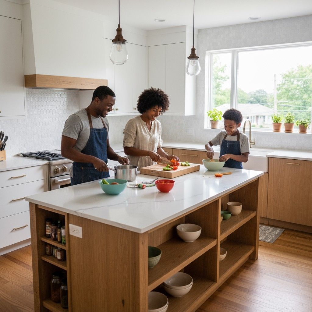Family cooking in a newly remodeled Rockville kitchen with custom carpentry details.
