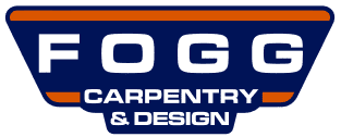 Fogg Carpentry & Design logo in white, blue, and orange
