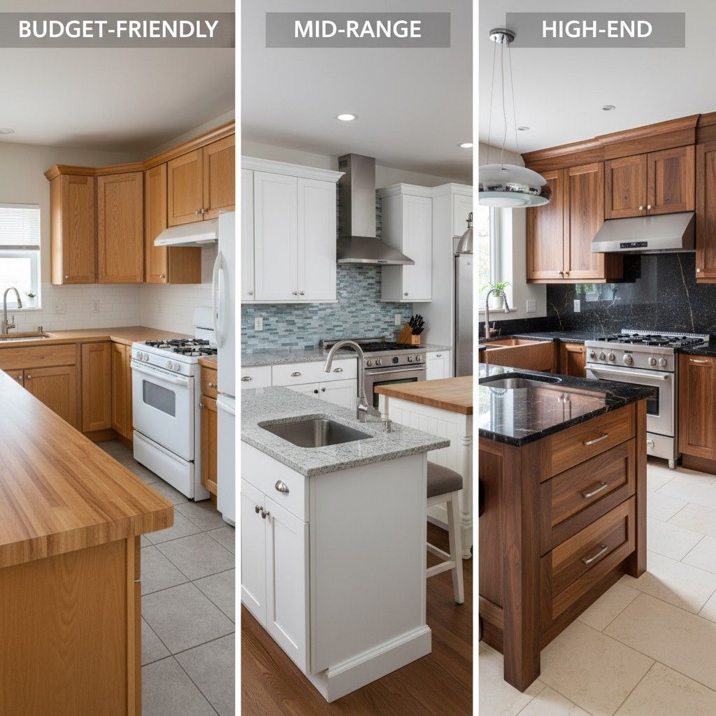 Comparison of budget, mid-range, and high-end kitchen remodel material options.