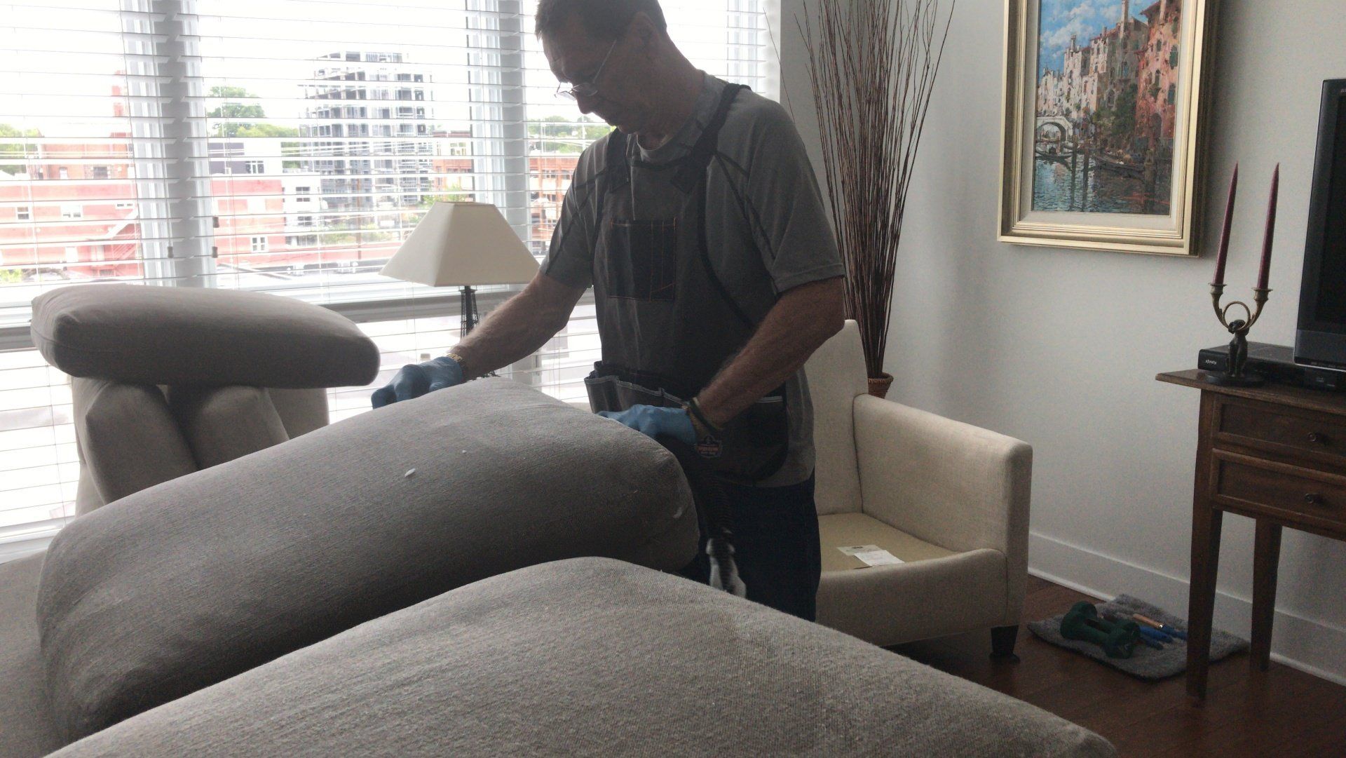 Area Rugs — Man Cleaning Gray Pillow in Charlottesville, VA