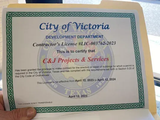 City of Victoria contractor's license for C&J Projects & Services, expiring April 18, 2024.