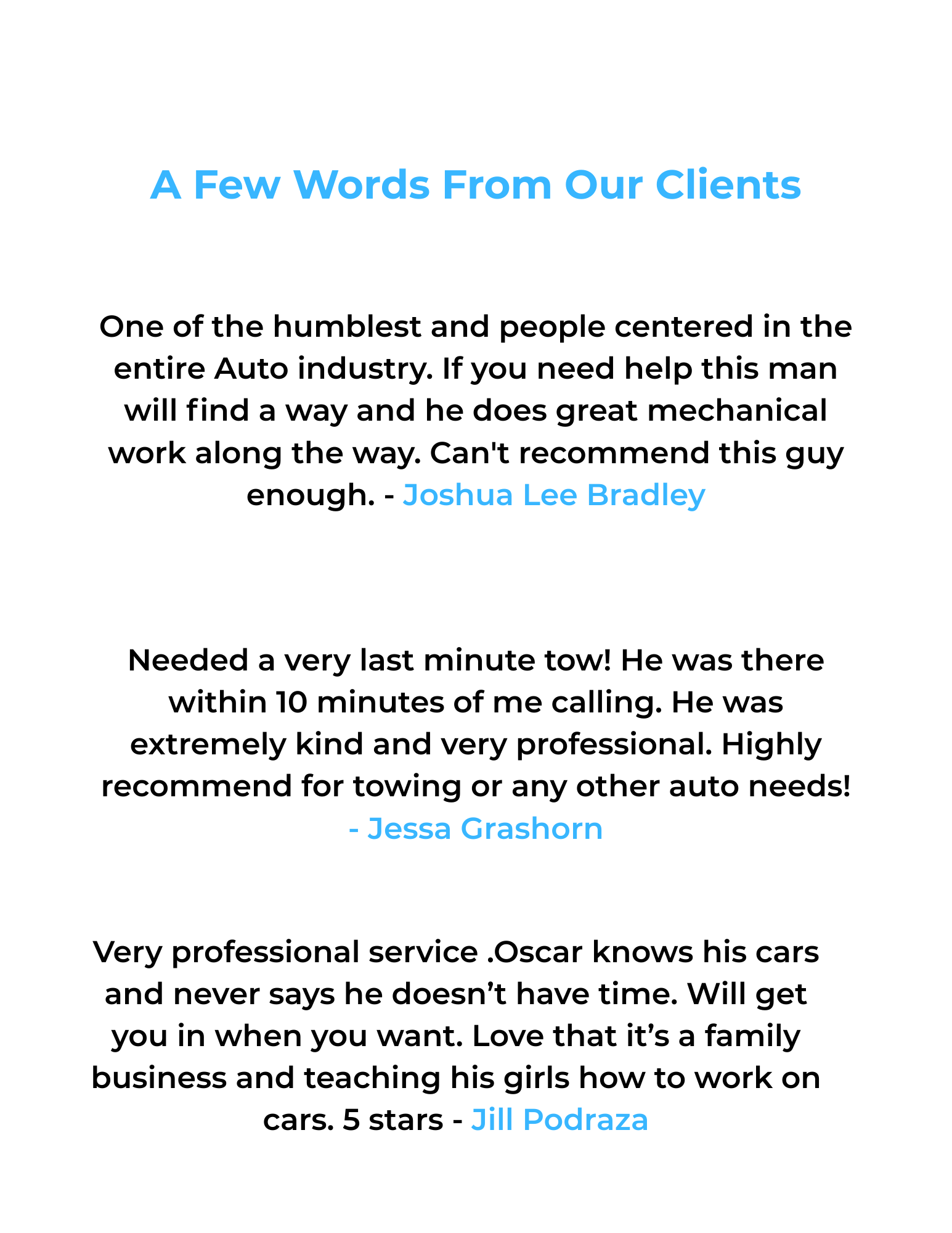 Testimonials from clients praising Huskies Towing and Auto Lincoln