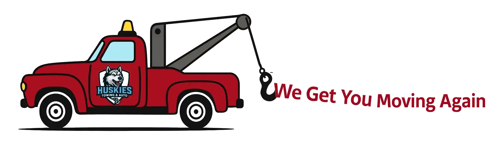 Red tow truck with a hook, text: 