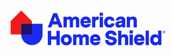 The american home shield logo has a red and blue house on it.