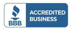 The bbb logo is blue and white and says accredited business.