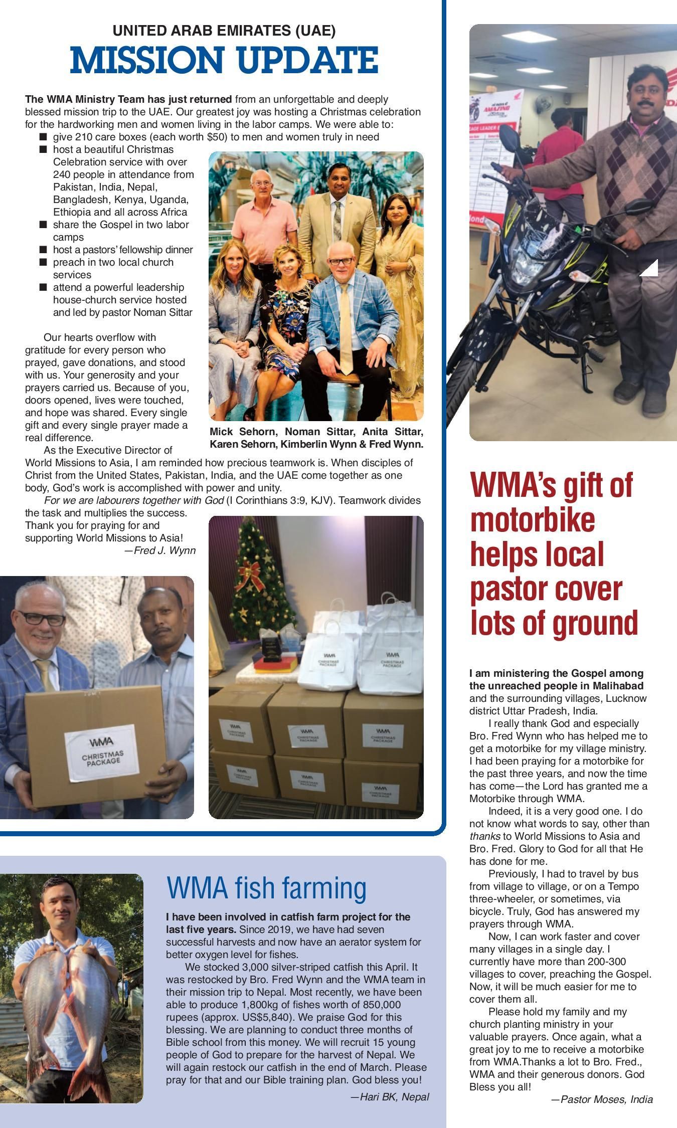 Mission Update: Group of people posing. Boxes, gifts, motorcycle, local pastor.