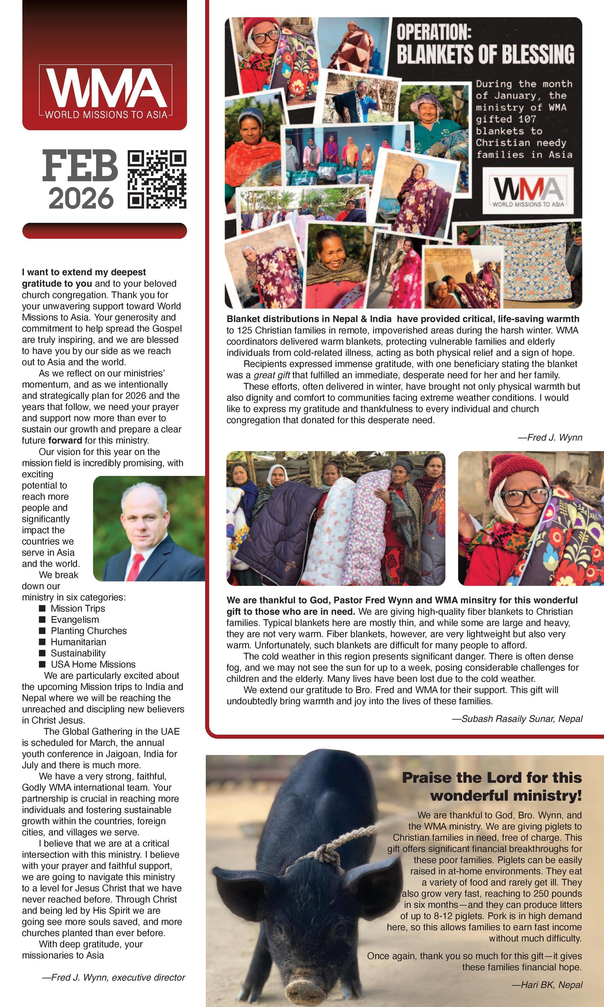 WMA newsletter: Photos of people with colorful blankets; man in suit; pig.