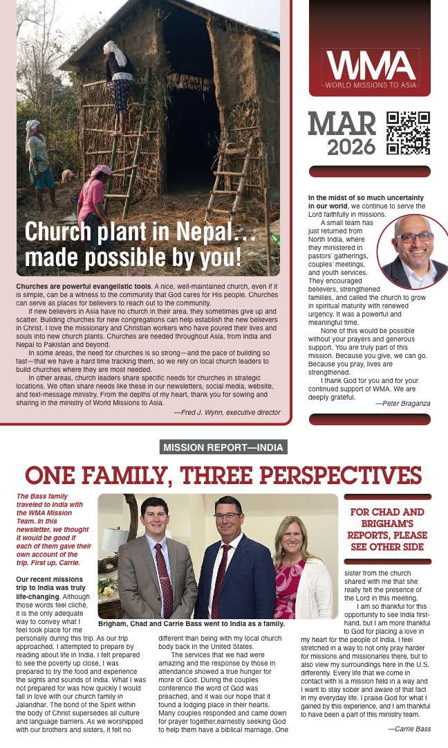 Newsletter page featuring a Nepal church plant photo, a portrait of a man, and a family portrait with descriptive text.
