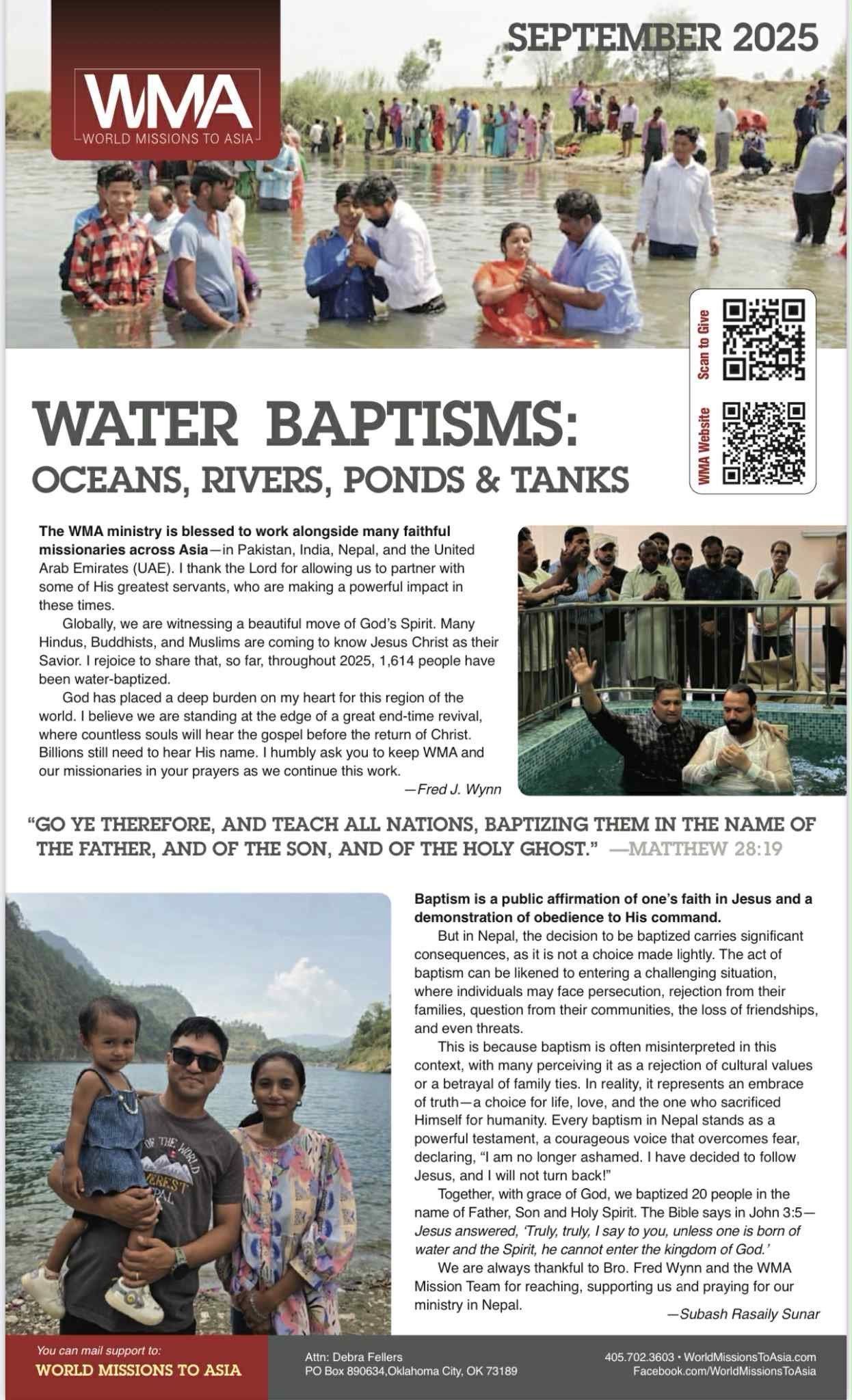Baptisms in various bodies of water. WMA magazine cover. September 2025. People, religious ceremony.