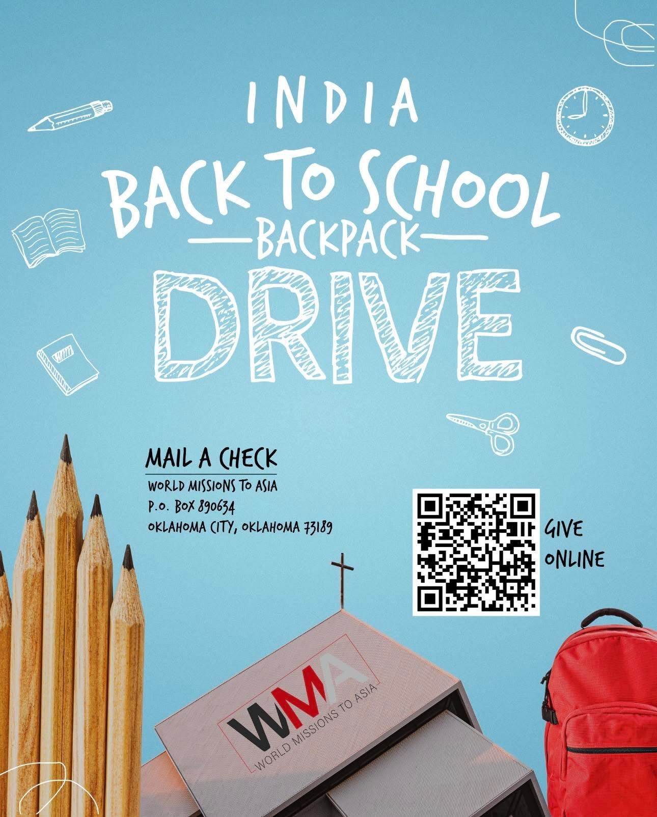 An advertisement for india back to school backpack drive