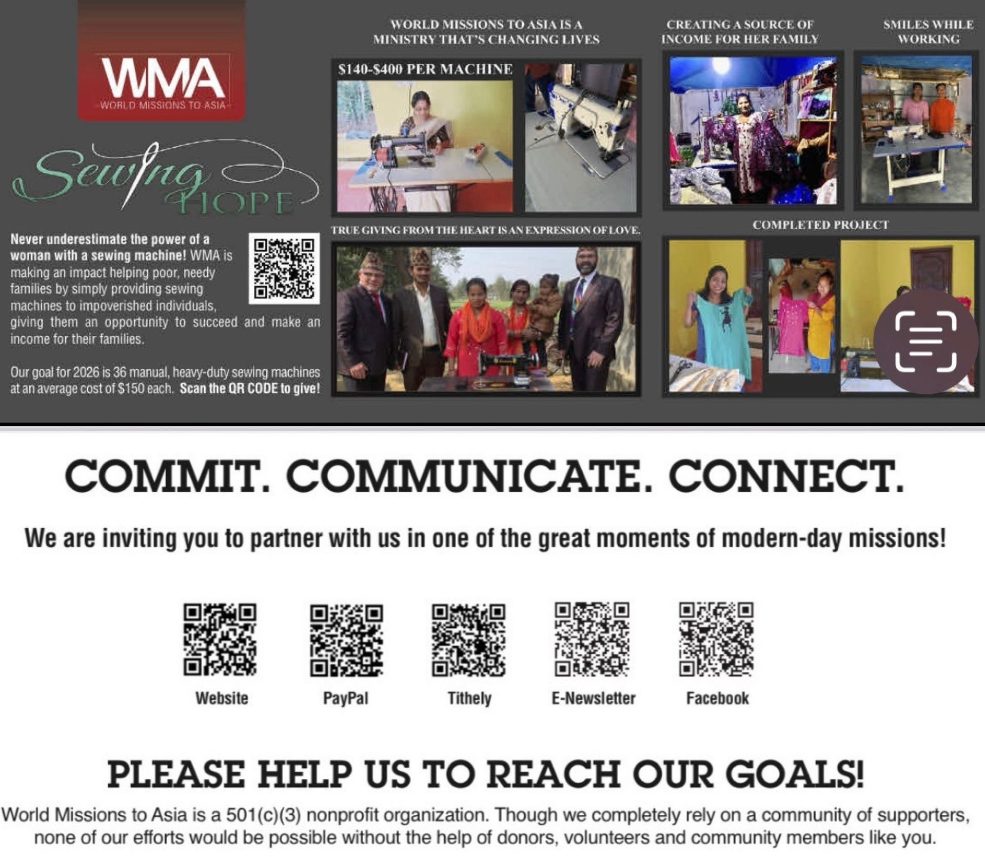 WMA Sewing Project flyer featuring sewing machines, images of trainees, and QR codes for donations and organization info.