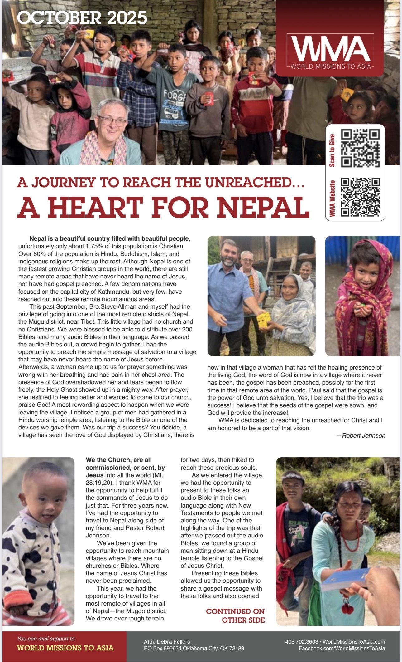 Magazine cover about a Nepal aid journey; people, children, and volunteers are shown.