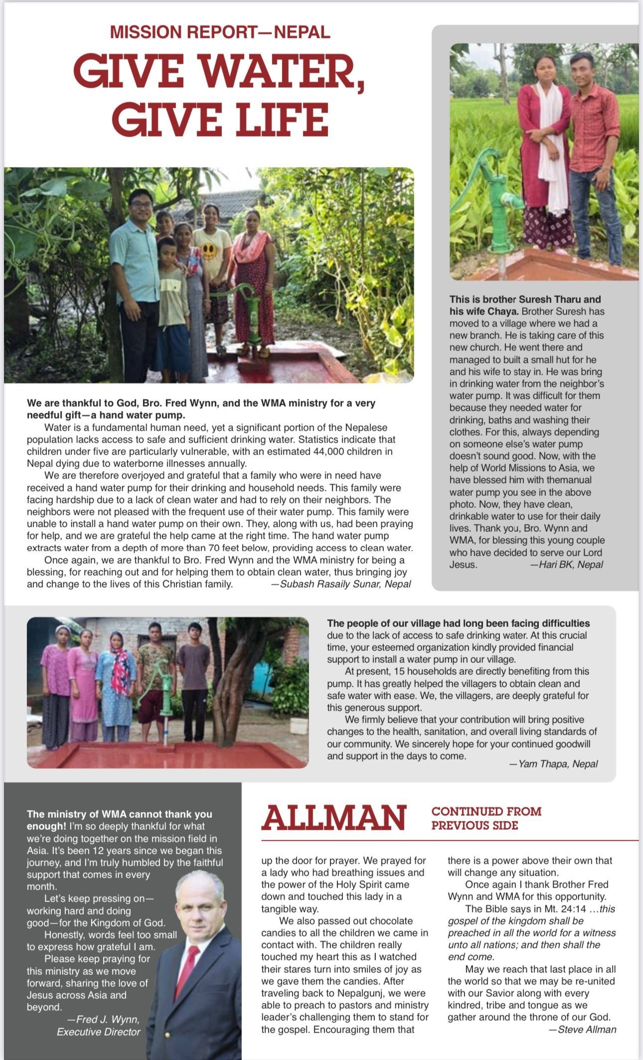 People at a water well and by green fields, text