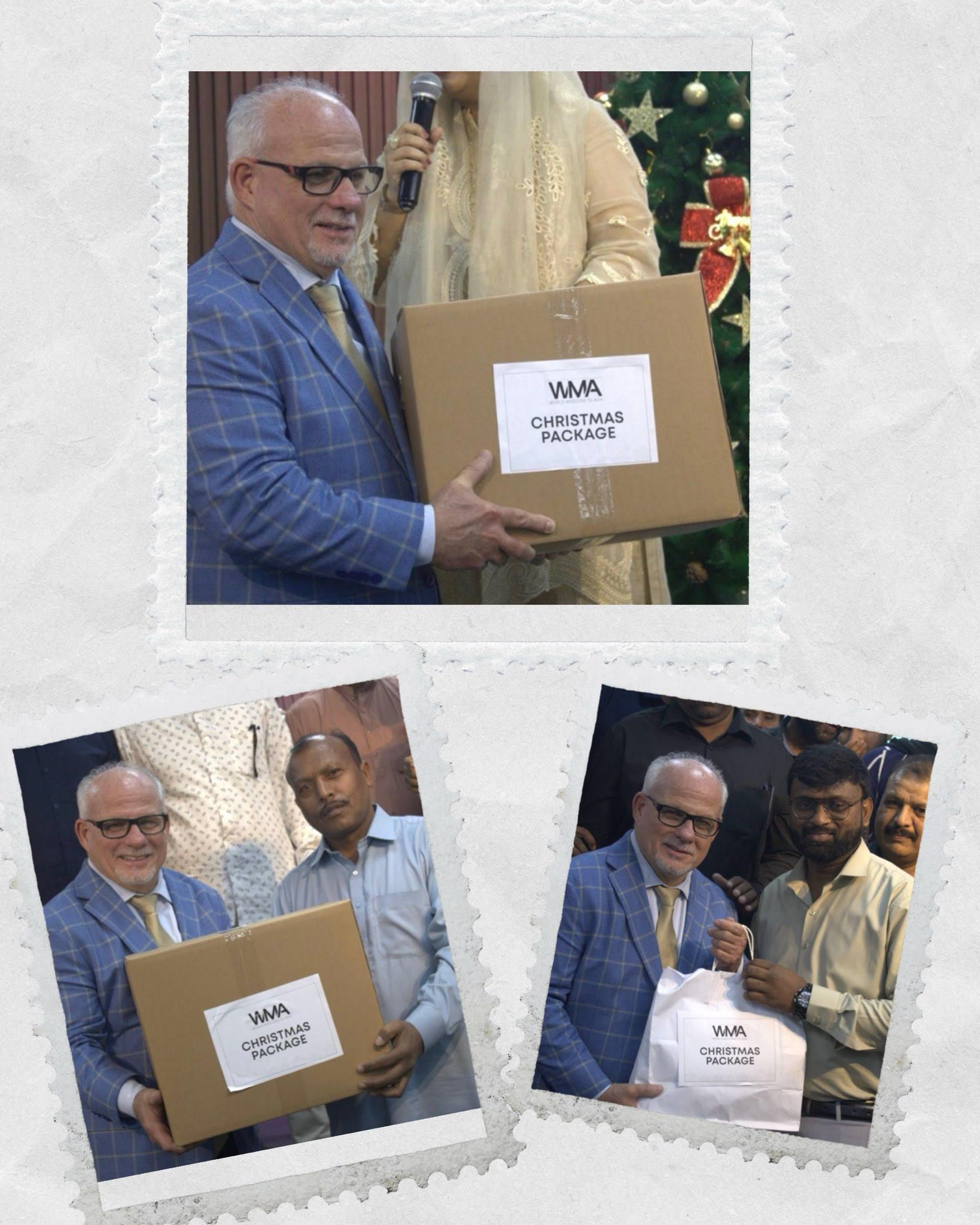 men giving christmas boxes to one another