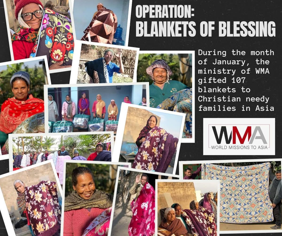 Collage: Ministry gave 107 blankets to Christian families in Asia in January. Photos of people with blankets, logo.
