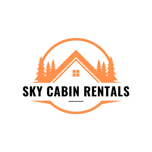 A logo for sky cabin rentals with a house and trees