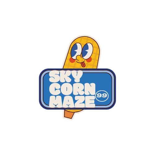 A logo for sky corn maze with a cartoon character on a corn on the cob.