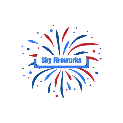 A logo for sky fireworks with red , white and blue fireworks