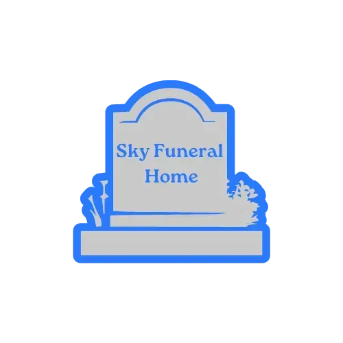 A blue gravestone with the words sky funeral home written on it.
