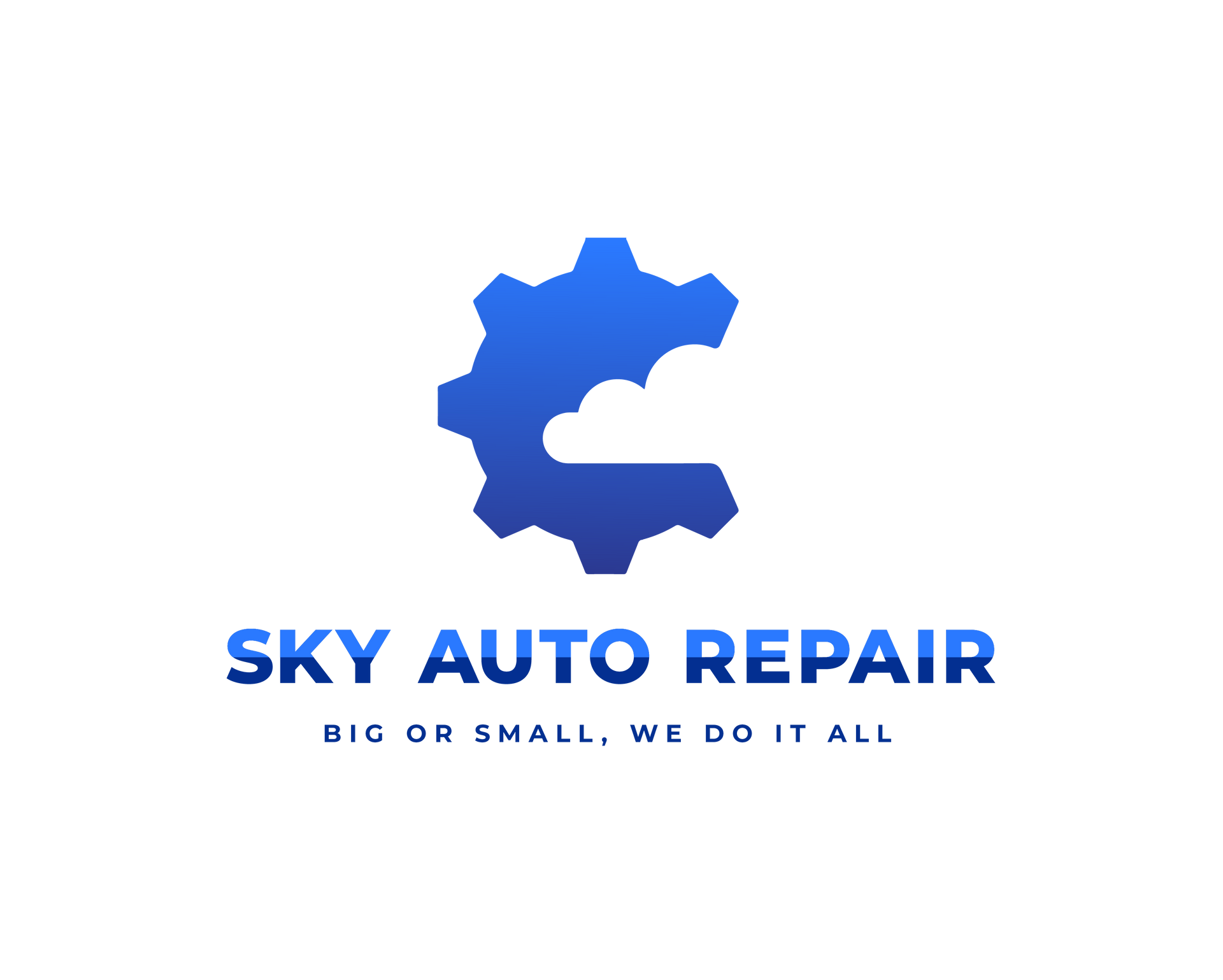 The logo for sky auto repair shows a gear with a cloud in the middle.