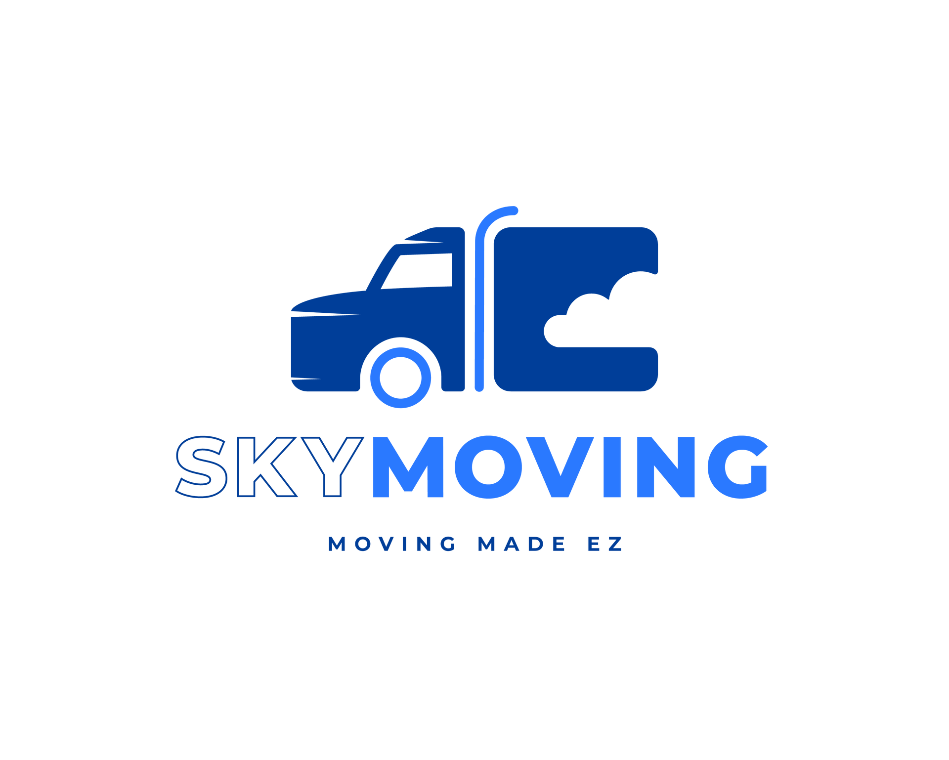 A blue logo for a moving company with a truck and a cloud.