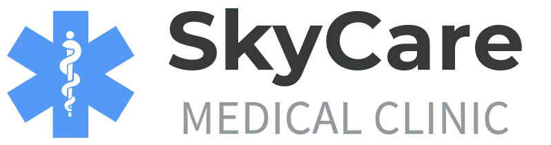 A logo for skycare medical clinic with an ambulance symbol