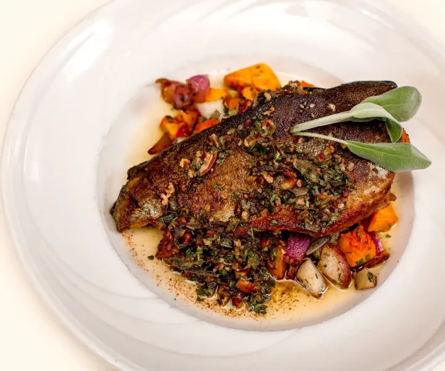 A white plate topped with a piece of trout and root vegetables