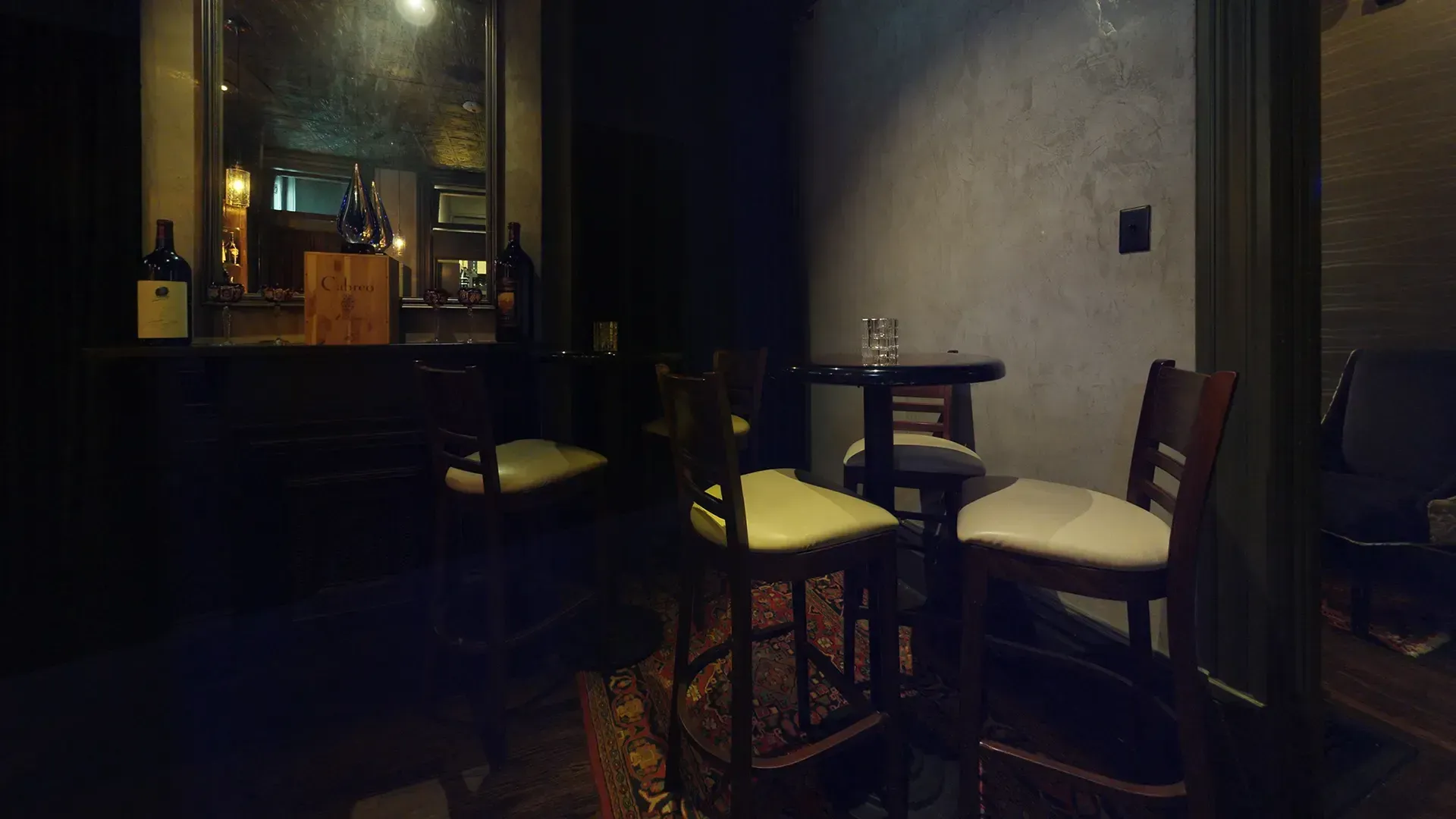 A dark room with tables and chairs in it