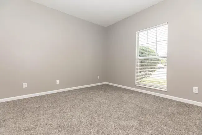 Empty room with gray walls, carpet, and window with blinds at Quarry in Columbus, OH.