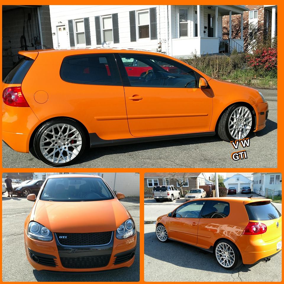 A collage of four pictures of an orange vw golf
