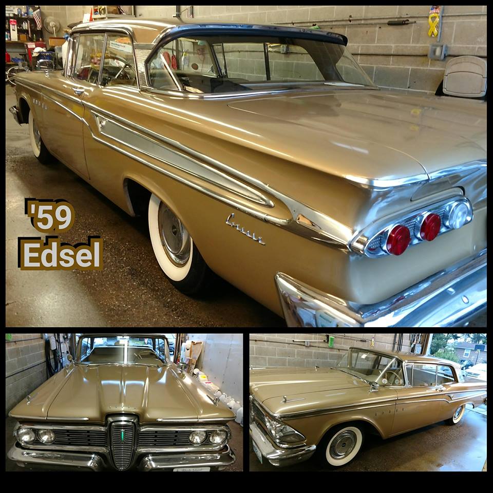 A collage of photos of a 1959 edsel car