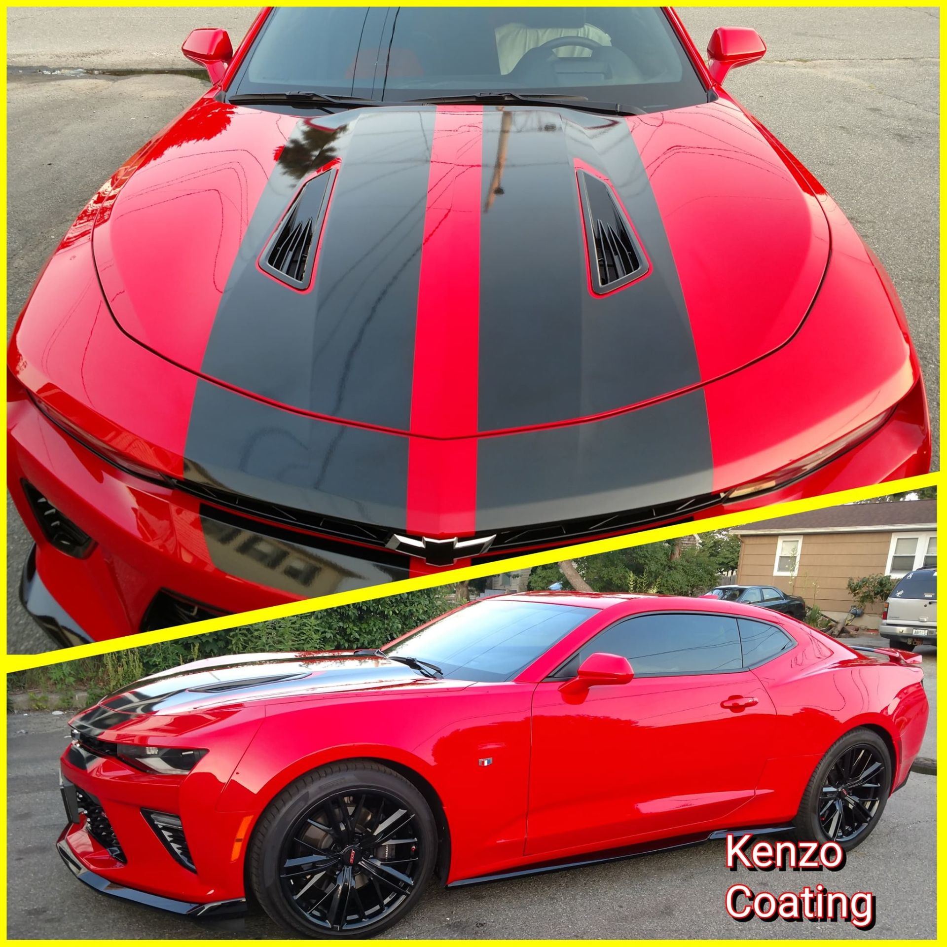 A red car with black stripes and the words kenzo coating on the bottom
