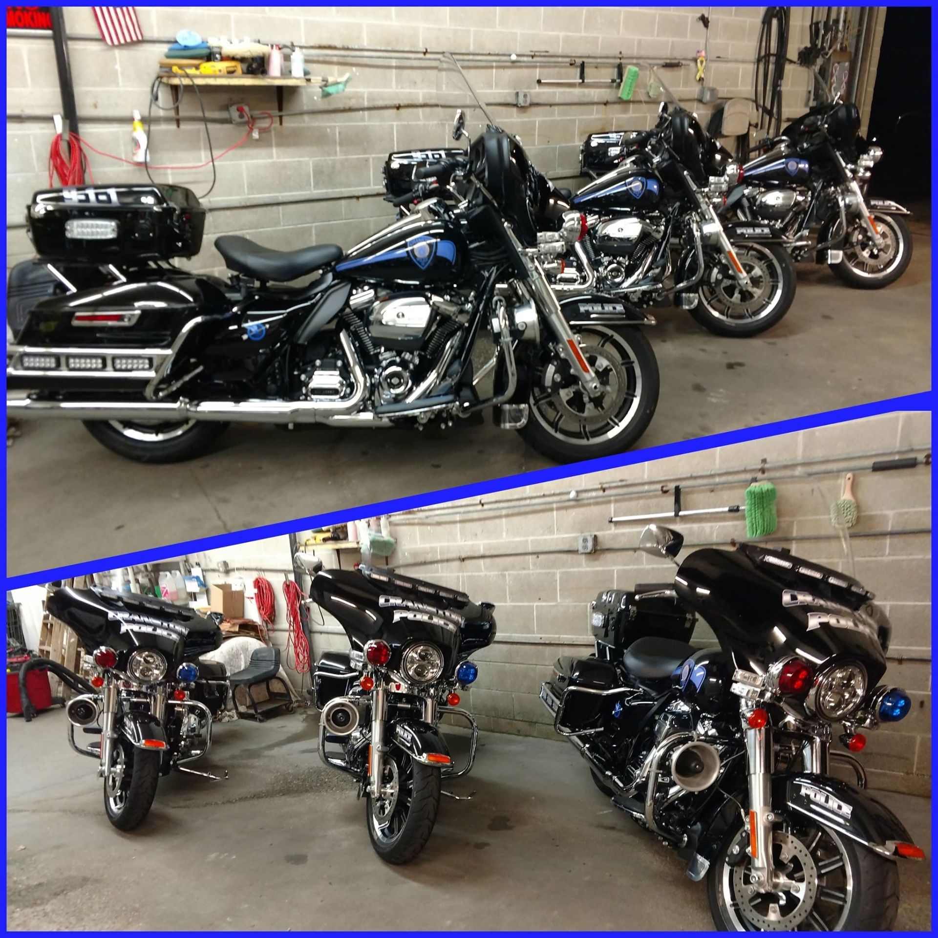 A row of harley davidson motorcycles are parked in a garage