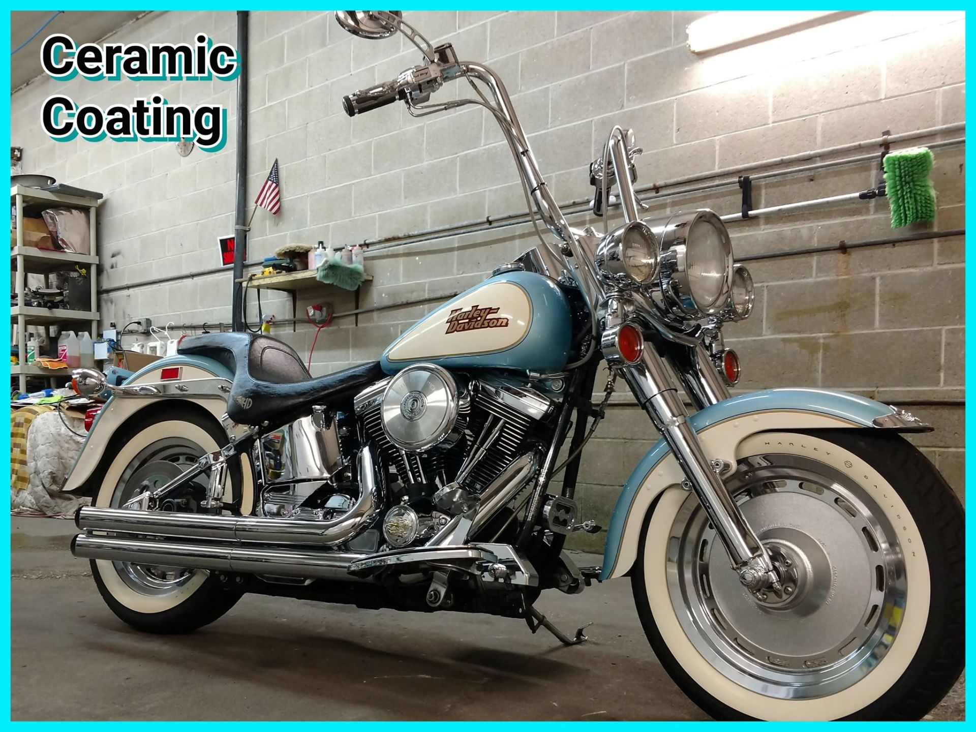 A motorcycle with ceramic coating is parked in a garage.