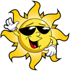 A cartoon sun wearing sunglasses and waving.
