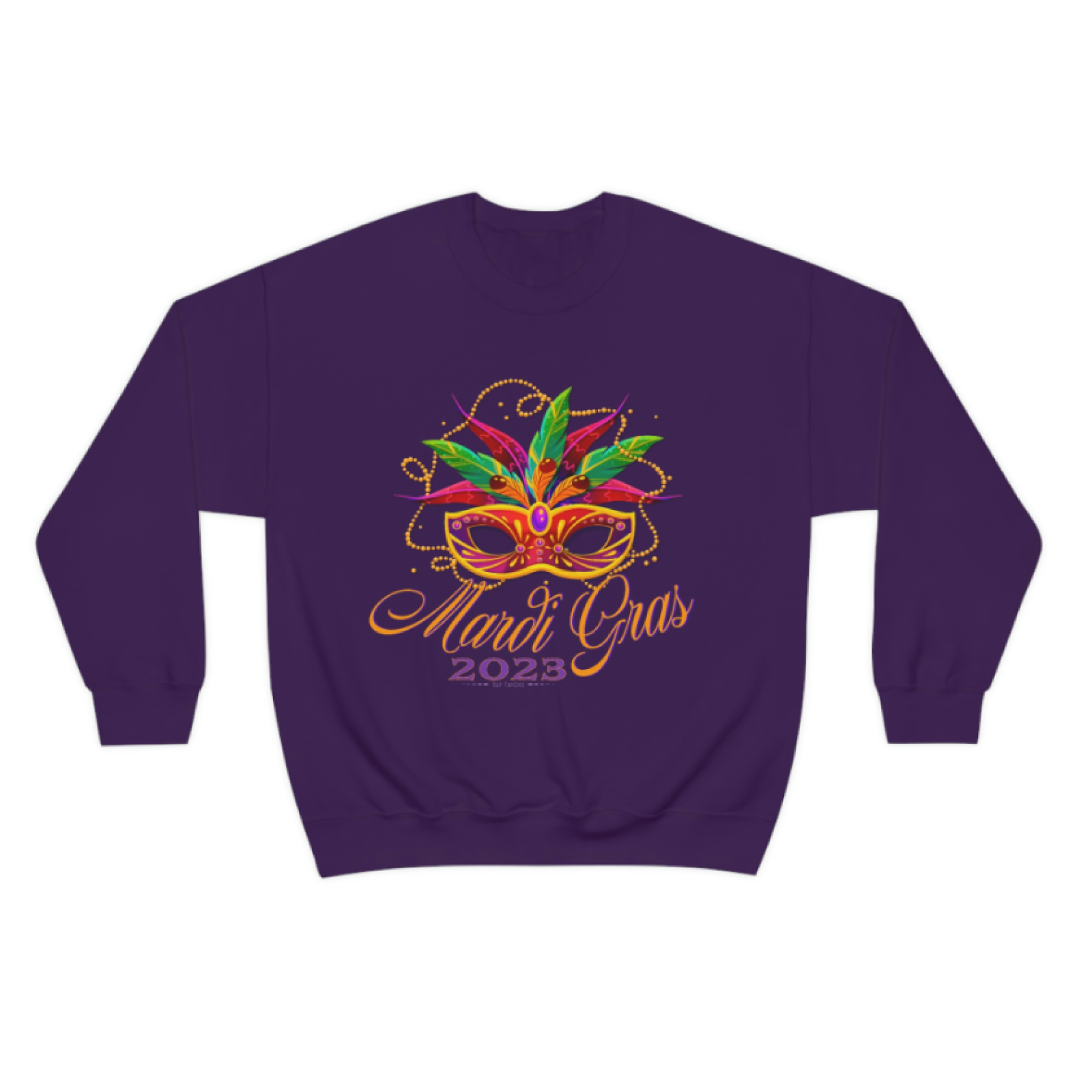 Mardi Gras sweatshirt in several colors featuring colorful mask