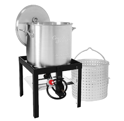 Creole Feast SBK1001 Seafood Boiling Kit with Strainer, Outdoor Aluminum Propane Gas Boiler with 10 PSI Regulator