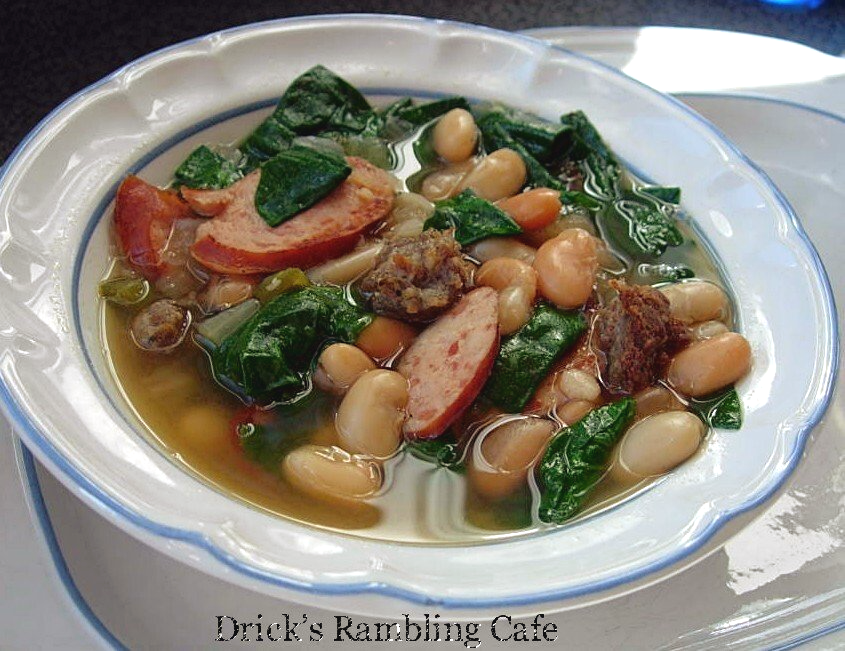 Hearty Spanish and southern sausage with spinach and bean soup, recipe at Bay Favors Food Blog
