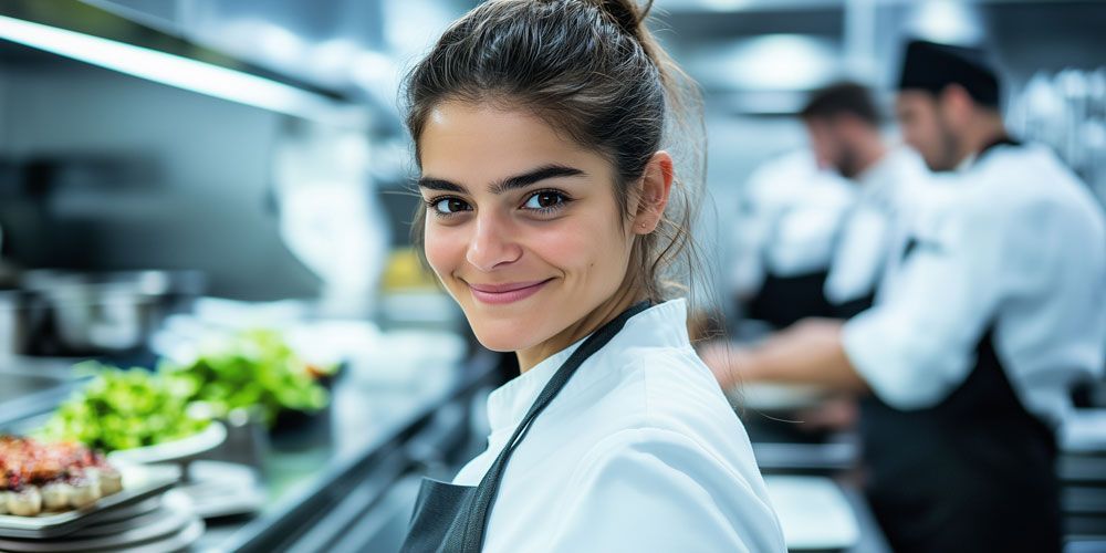 Une femme sourit dans une cuisine avec des chefs en arrière-plan.