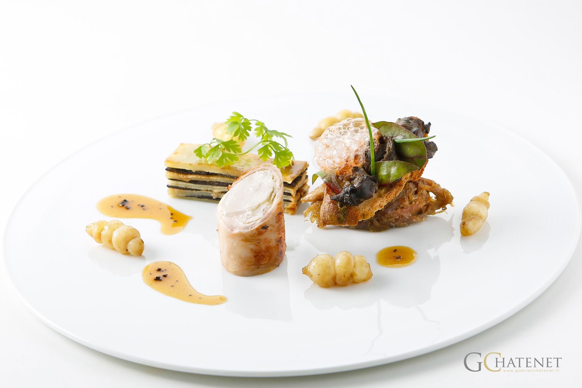 Une assiette blanche en porcelaine garnie d'une recette gastronomique au dressage contemporain.