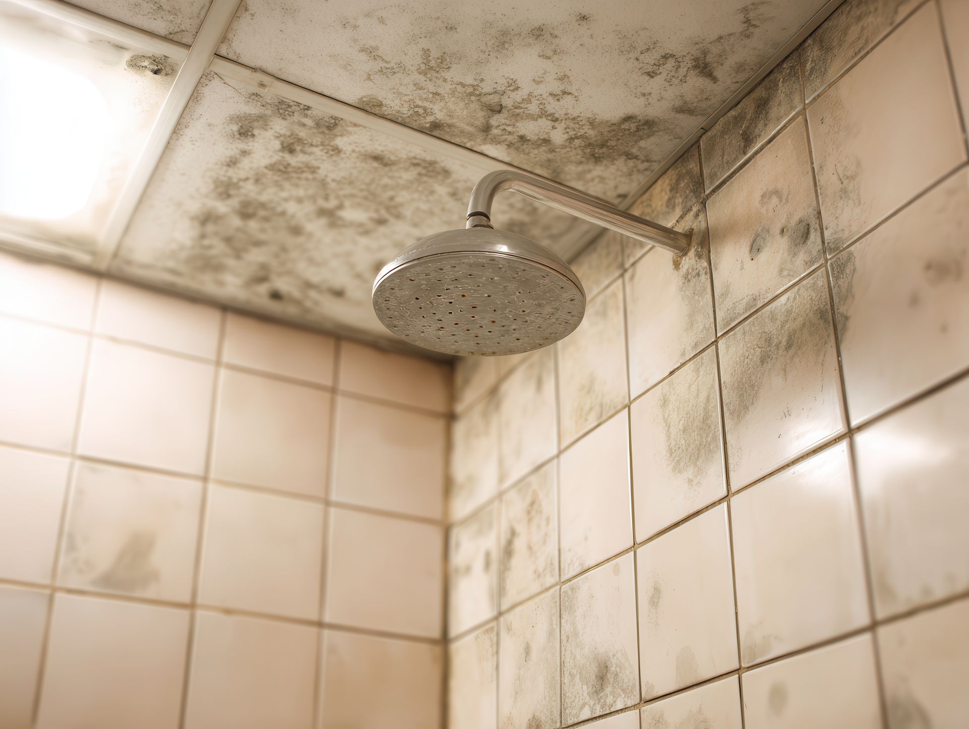 Large patches of black mold and peeling paint on a white wall.
