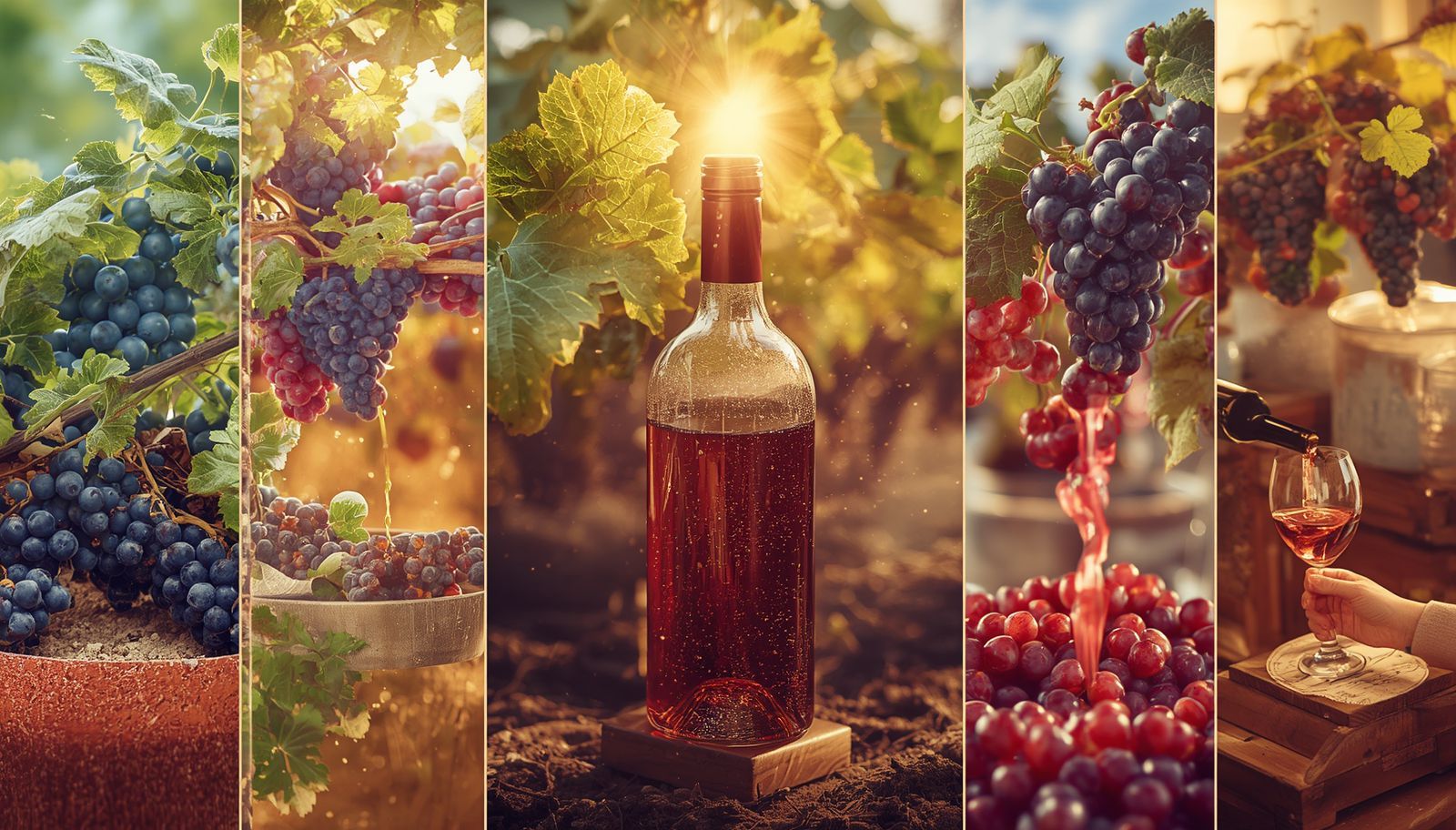 Wine bottle centered among grapes in a sunlit vineyard collage, with red and purple grapes and warm golden light